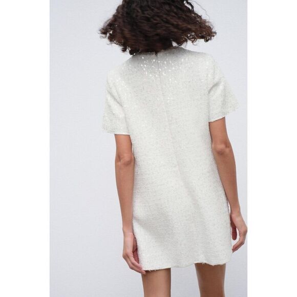 Zara Women Mini Sequin Dress XS White Fringed Short Sleeve 8714/933 NWT - Picture 3 of 12